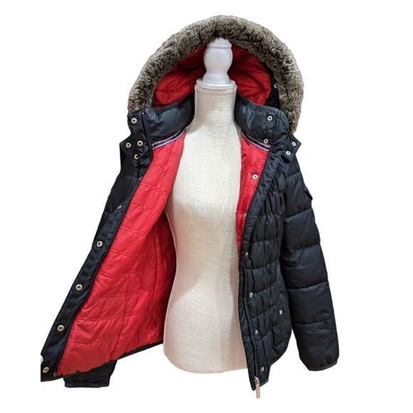 Tommy Hilfiger Black Faux Fur Hood Quilted Puffer Jacket Cinched Waist Size S - Picture 10 of 16